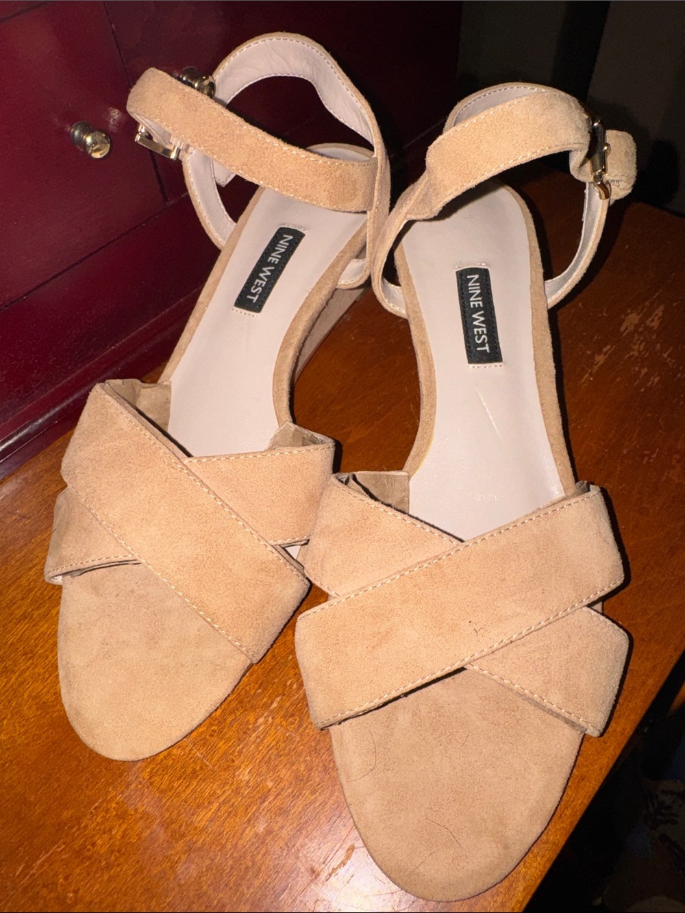 Nine West Beige Suede Crisscross Ankle-Strap Sandals